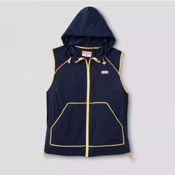 Hunter X Target Collab Zip Up Hooded Rain Vest In Navy And Yellow NWT - Picture 2 of 8